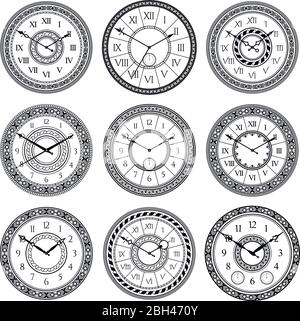 Vector set of vintage clocks. Monochrome pictures isolate. Symbols of time. Clock time with arrow and antique number dial illustration Stock Vector