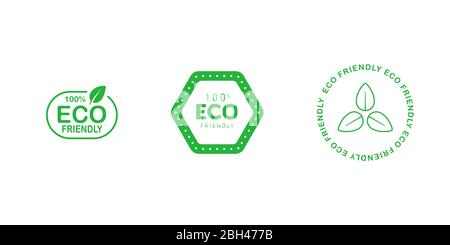 Set of various eco friendly 100 percent green badges with tree leaf. Design element for packaging design and promotional material. Vector illustration Stock Vector