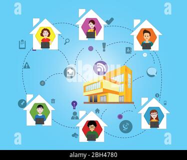 Employees are work from home and work from anywhere with cloud technology. Peoples are connecting with the office through network and internet. Vector Stock Vector