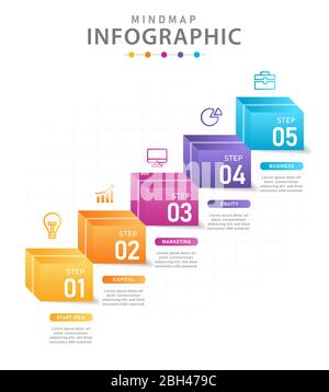 Infographic template for business. 5 Steps Modern Mindmap diagram with boxes, presentation vector infographic. Stock Vector