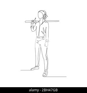 Continuous one line woman stands with a sword on her shoulder. Vector Stock Vector
