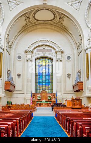 Annapolis, Maryland, USA. 9th Aug, 2019. The United States Naval Academy Chapel photographed Friday, August 9, 2019 in Annapolis, Maryland. The Chapel is one of two houses of worship on the grounds of the Navy's service academy. Protestant and Catholic services are held there. The Naval Academy Chapel is a focal point of the Academy and the city of Annapolis. The chapel is an important feature which led to the Academy being designated a National Historic Landmark in 1961. It was designed by Ernest Flagg and the cornerstone was laid in 1904 by Admiral George Dewey and the dedication of the Cha Stock Photo