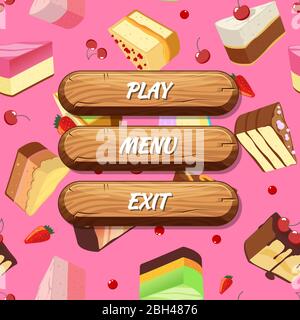 Vector cartoon style wooden buttons with text for game design on cake pieces background. Game interface ui button with cake pattern illustration Stock Vector