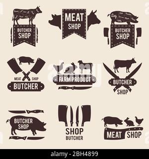 Design of monochrome labels set for butcher shop with illustrations of domestic animals and kitchen tools. Animal farm shop butcher, label vintage mar Stock Vector