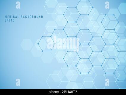 Abstract geometric hexagon structure medical science network pattern on blue background. Molecular connect elements. Medicine and technology. Vector i Stock Vector