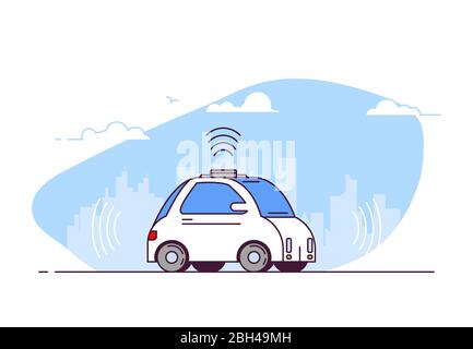 Autopilot car concept. Side view of white autonomous car. Line style vector illustration. Modern vehicle and transport banner. City and clouds on back Stock Vector