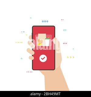 Food delivery application on phone. Fast food and menu order. Hand holding smartphone with food delivery app. Flat style vector illustration. Restaura Stock Vector