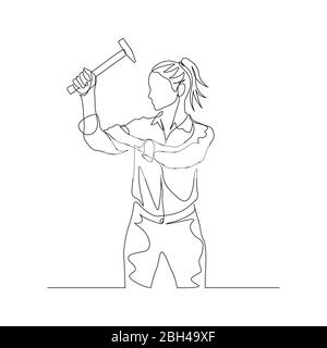 Continuous one line woman holds hammer in hand raised up. Vector Stock Vector