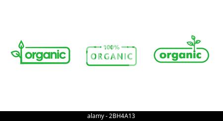 Set of organic 100 percent with sprout badges. Design element for packaging design and promotional material. Vector illustration. Stock Vector