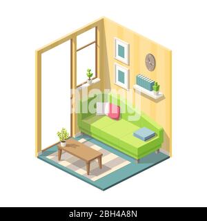 Isometric living room with furniture. Vector illustration with separate layers. Stock Vector