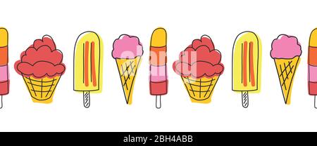 Popsicle and ice cream seamless vector border. Hand drawn cute ice cream pattern in pink red orange and yellow. Stock Vector
