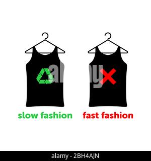 Slow fashion is the right choice to save earth. Two t-shirts on hangers with red cross and green recycle sign. Vector illustration. Stock Vector