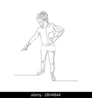 Continuous one line woman points the direction with her forefinger down. Vector Stock Vector