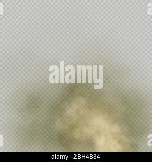 Effect beige dust or powder on transparent background. Dry soil explosion. Brown smoke particle exhale in air. EPS 10 Stock Vector