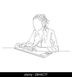 Continuous one line woman drawing with help graphic tablet. Digital artist. Vector Stock Vector