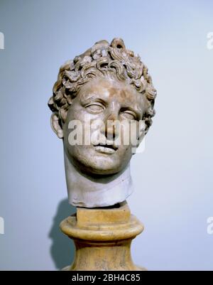 Meleager, marble head, early 2nd century AD. Roman copy of a Greek original by Skopas of Paros. Naples Archaeological Museum. Italy. Stock Photo