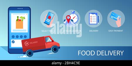 Vector of a online food ordering app on a smartphone with fast delivery truck Stock Vector
