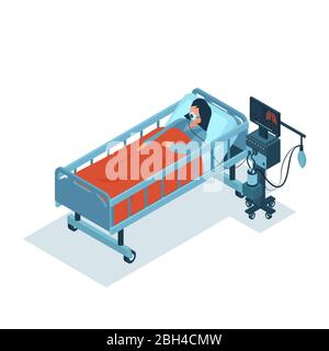 Isometric vector of a critically ill female patient on ventilator machine receiving oxygen therapy Stock Vector