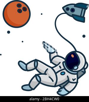 Astronaut walking in space, pointing at bowling ball shaped planet, isolated vector illustration for Space Day on May 1st. Stock Vector