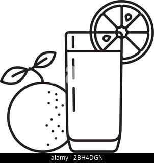 Glass of orange lemonade and fruit vector line icon. Healthy drink outloine symbol. Stock Vector