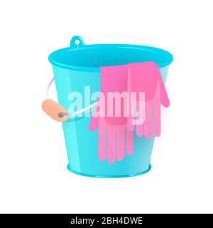 Plastic blue bucket with rubber gloves for household cleaning and home washing. metalic bucket, pail and container with handle, household equipment Stock Vector