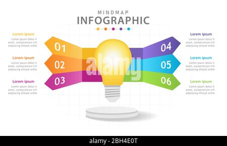 Infographic template for business. 6 Steps Modern Mindmap diagram with light bulb, presentation vector infographic. Stock Vector