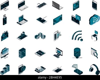 technology device gadget digital isometric isolated icons set vector illustration Stock Vector