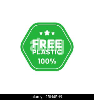 Free plastic 100 percent green hexagonal sticker. Certificate emblem label. Vector illustration. Stock Vector