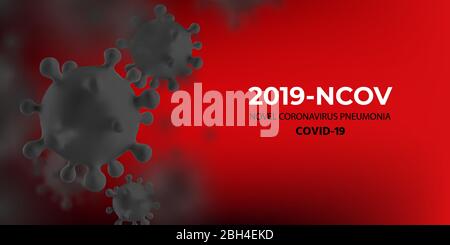 Novel Coronavirus 2019-nCoV. Virus Covid 19-NCP. SARS CoV 2 Denoted is Single-stranded RNA VIRUS. Red Background with Black 3D Realistic Virus Cell. Banner, Web Poster Viral. Stock Vector