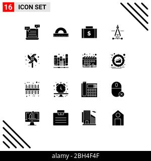 Modern Set of 16 Solid Glyphs Pictograph of engineering, drawing, geometry, compass, money Editable Vector Design Elements Stock Vector
