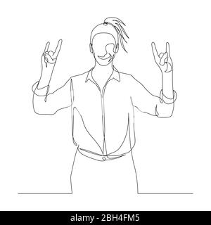 Continuous one line woman shows sign of the horns with two hands. Rock theme. Vector Stock Vector