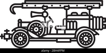 Vintage fire truck vector line icon for Firefighter Day on May 4th. Fire engine outline symbol. Stock Vector