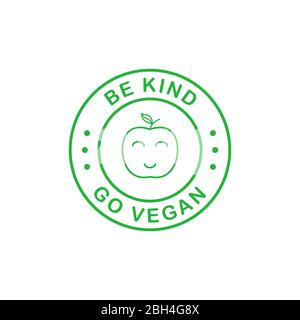 Be Kind go Vegan green line style circle sticker. Design element for packaging design and promotional material. Vector illustration. Stock Vector