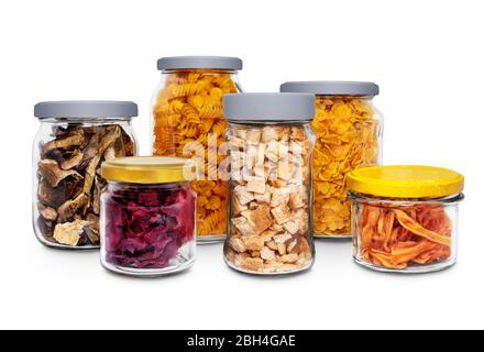 jars with dried food isolated on a white background