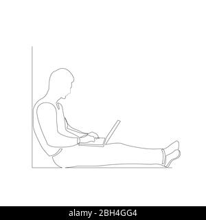Continuous one line man with laptop sitting on the floor leaning against a wall. Vector illustration. Stock Vector