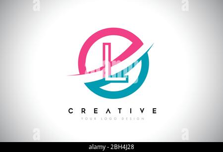 L Letter Design logo icon with circle and swoosh design and blue pink color vector illustration. Stock Vector