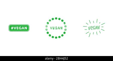 Set of various signs on vegan theme. Tag vegan green flat emblem. Vegan title about green apples circle around - badge. Vegan handwritten green title Stock Vector