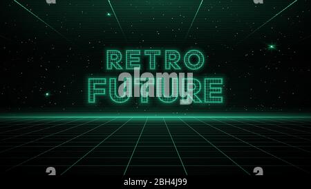 Retrofuturisitic sci-fi green laser perspective grid background in starry space. Retrowave cyber laser landscape. Stock Vector