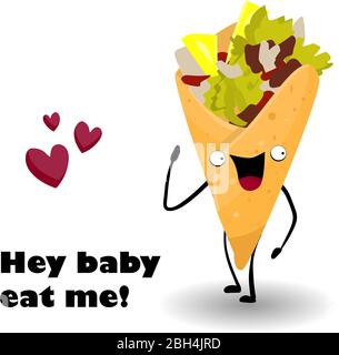Shawarma character. Buritto. Fast food. Cartoon food. Vector illustration.. Stock Vector