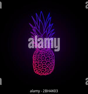 Synthwave Vaporwave Retrowave neon vivid color vector pineapple on dark background. Design for poster, flyer, invitation club card. Eps 10. Stock Vector