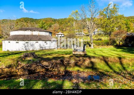 Warm Springs historic town and old run-down closed Jefferson Pools octagon architecture building in Virginia Bath County countryside in mountains Stock Photo