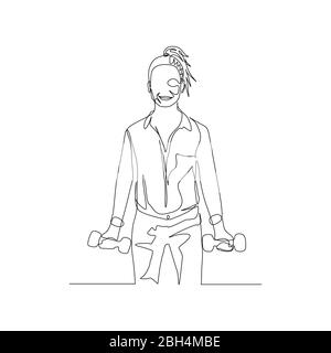 Continuous one line woman with ponytail in shirt lifts dumbbells and smiles. Vector Stock Vector