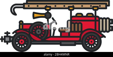 Vintage fire truck isolated vector illustration for Firefighter Day on May 4th. Fire engine color symbol. Stock Vector