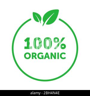 Organic 100 percent circle badge with green leaf. Design element for packaging design and promotional material. Vector illustration. Stock Vector