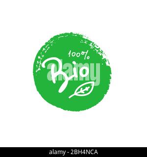 Bio 100 percent tree leaf handwritten green brush circle badge. Design element for packaging design and promotional material. Vector illustration. Stock Vector