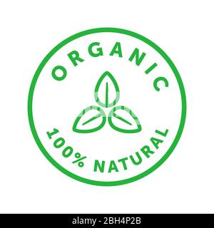 Organic 100 percent natural product green sticker with symmetrical three leaves in center. Design element for packaging design and promotional Stock Vector