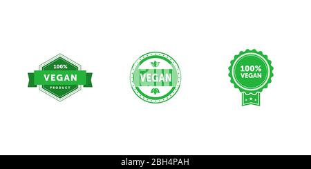 Set of various signs on vegan theme. 100 percent Vegan product haxagonal badge with ribbon. Vegan circle green flat emblem with tree leaves. 100 Stock Vector