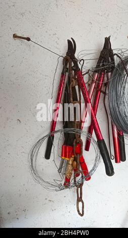 Shears, wire and other work tools hanging on a white wall Stock Photo