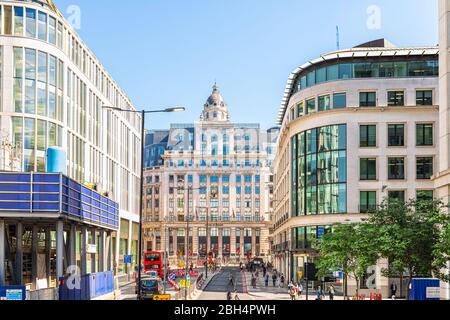 London, UK - June 22, 2018: Center of downtown financial district with architecture and House of Fraser building in city of London Stock Photo