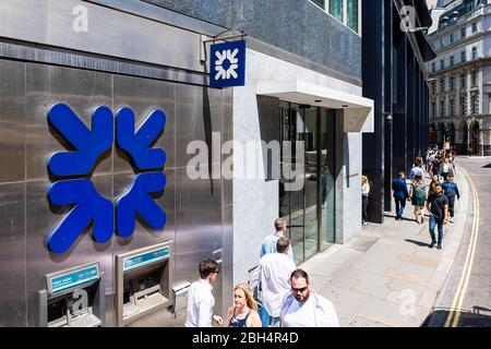 London, UK - June 22, 2018: RBS bank company near Central Bank of England wide angle exterior architecture with blue logo in downtown on Threadneedle